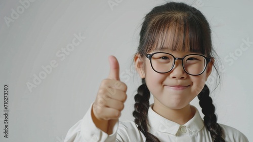 An Asian happy girl show thumb up finger. Created with Generative Ai technology.