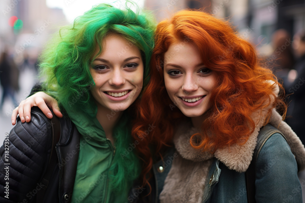 two girls, one with red hair and the other with green hair celebrating St. Patrick's Day two girls, one with red hair and the other with green hair celebrating St. Patrick's Day
