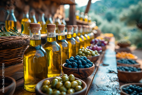 extra virgin olive oil, bottles full of olive oil, baskets full of green olives photo