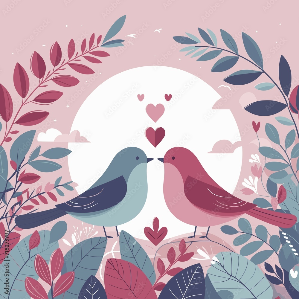 Charming vector illustration of lovebirds amidst vibrant flora, offering a delightful Valentine's Day scene with flat colors and a whimsical touch.