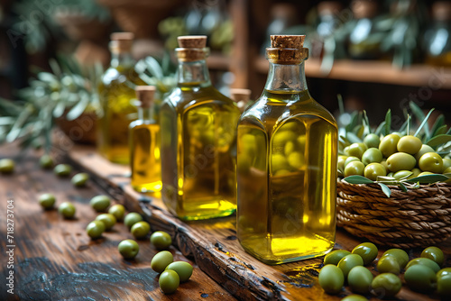 extra virgin olive oil, bottles full of olive oil, baskets full of green olives