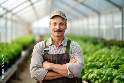Potrait of a vegetable grower working in a large industrial greenhouse growing vegetables and herbs. Farmer