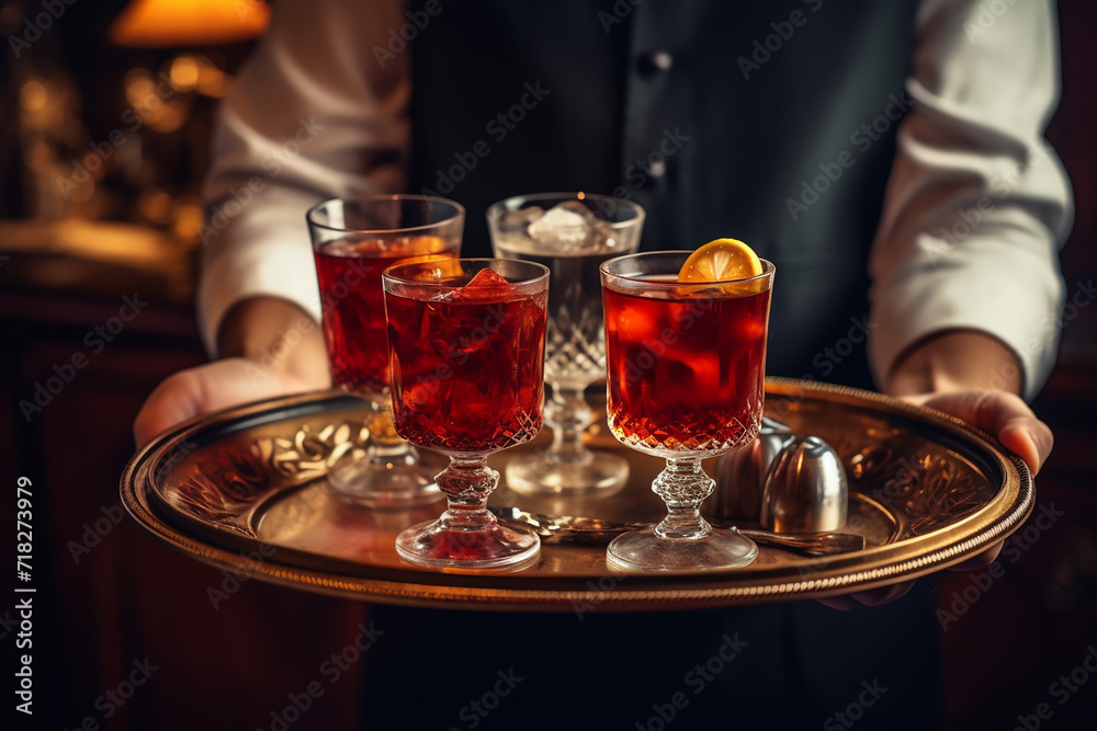 Server holding a tray with two cocktails in a dimly lit bar Server holding a tray with two cocktails in a dimly lit bar