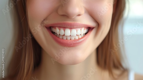 Close up of beautiful young woman with healthy teeth  on light background
