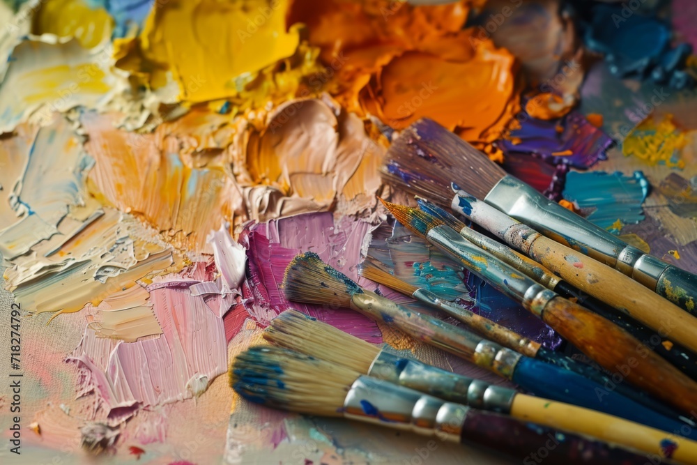 Macro shot of a painter's palette with vibrant oil paints and artist brushes
