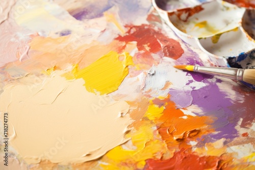 Macro shot of a painter's palette with vibrant oil paints and artist brushes 