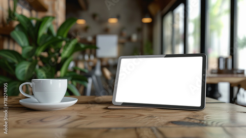 a tablet with a blank white screen next to a cup of coffee in a co-working space.