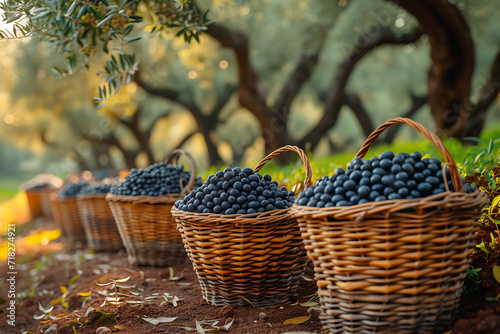 olive trees  bottles full of olive oil  baskets full of green olives