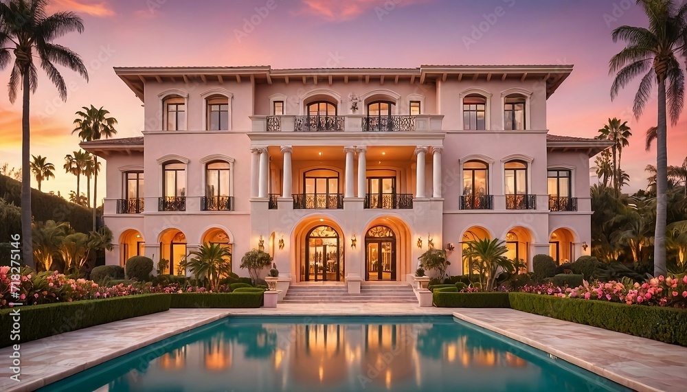 Naklejka premium A mesmerizing capture of Beverly Hills Road, California, Ultra luxury mega mansion with 31,000 square foot, exclusive house, modern design ultra luxury villa with a beautiful pink & orange cloudy sky.