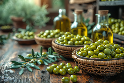 olive trees, bottles full of olive oil, baskets full of green olives