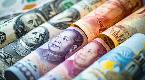 Money rolls, currencies from different countries. Yuan and dollar banknotes, investment and economy
