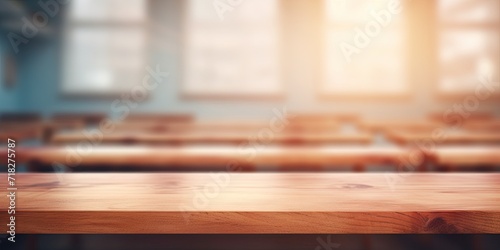 Blurred schoolroom with wooden display surface.