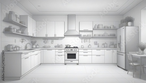 Stylish interior of kitchen full of modern furniture  household appliances  cooking facilities and home decorations drawn with contour lines on white background. Vector illustration in linear style