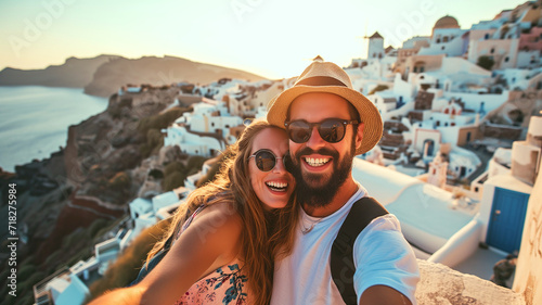 A young couple take a selfie in Santorini