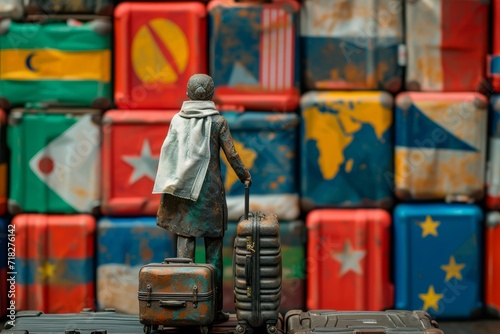 figure of human refugee with suitcases coloring with different world flags of countries