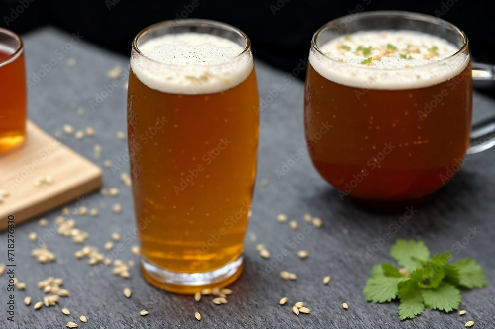 Glass of beer with steamed rice and parsley on wooden board Glass of beer with steamed rice and parsley on wooden board