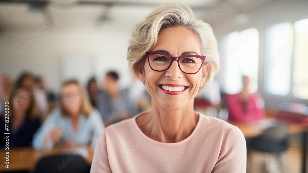 An old smiling teacher stands in front of the class