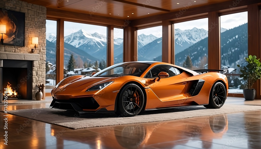 Orange supercar in the living room of a modern mansion. You can see through the windows of the house that it is snowy outside and the house is located in the mountains. Generative AI