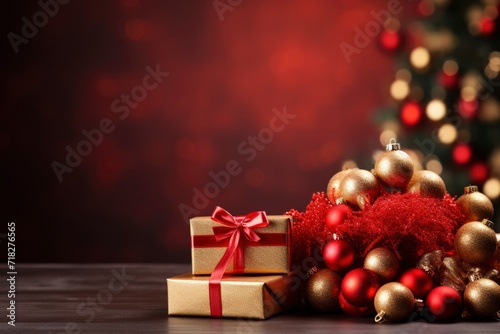 Photo of christmas decoration with gift box and text space