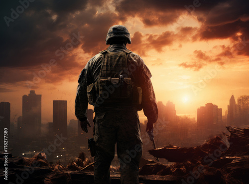 Silhouette of a special forces soldier against the background of the destroyed city