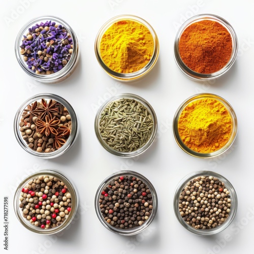 Colorful assortment of spices in small glass jars arranged in a geometric pattern on a clean, white background 