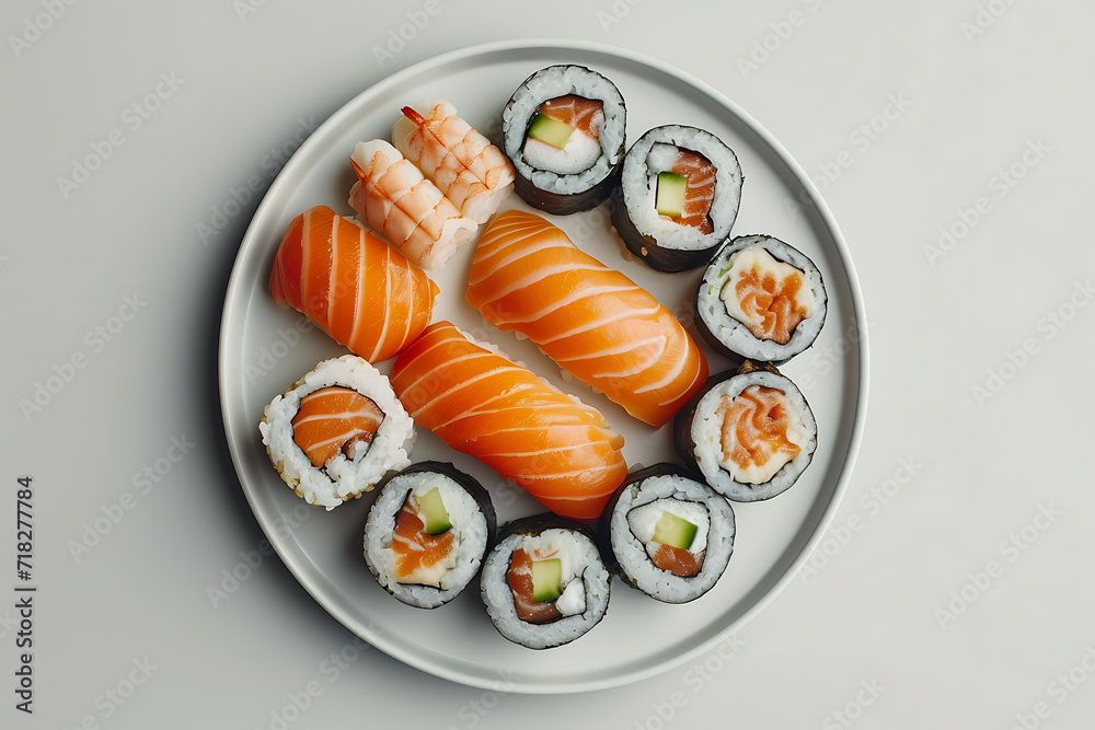 Sushi Platter Overhead View, Assorted Sushi Rolls, Japanese Cuisine, Salmon Sushi on Gray Plate Sushi Platter Overhead View, Assorted Sushi Rolls, Japanese Cuisine, Salmon Sushi on Gray Plate