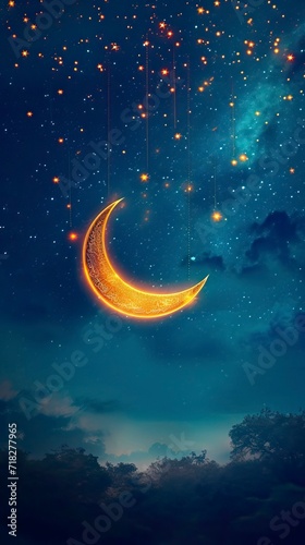 Starry Night with Glowing Islamic Crescent