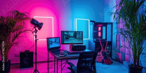 Blogger's room for shooting videos, neon lighting background