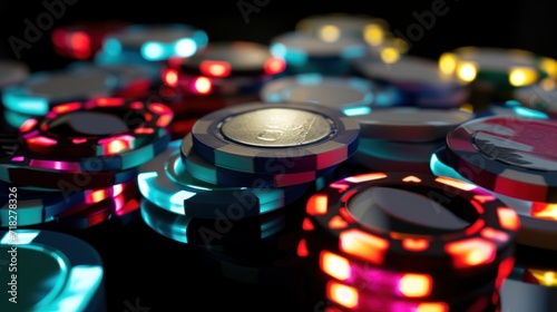 Glowing casino chips. Colorful casino chips on black background. Neon lights. Casino concept with copy space. 3d illustration. Online casino. Gambling concept with copy space.