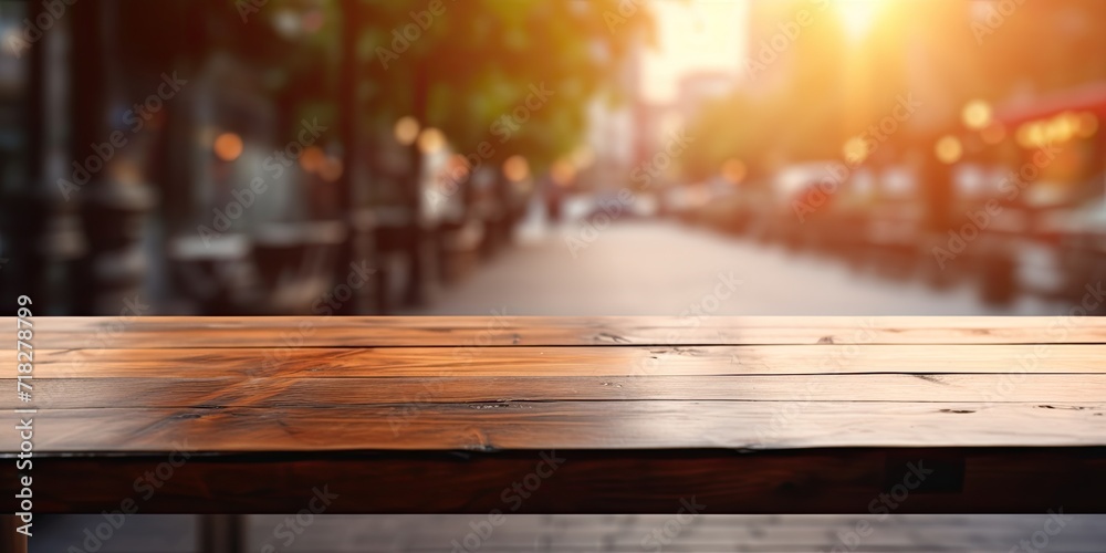 Blurred background with empty wooden table in front. Blurred background with empty wooden table in front.