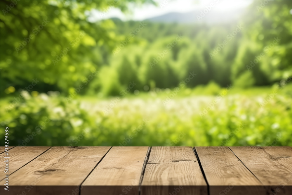 Wooden table and blurred green nature garden background. Old empty wooden table - green spring background