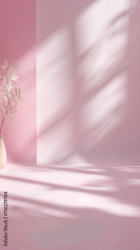 Pink wall, vase and foliage. Contemporary minimalistic background in pastel hues. Copy space for text. Simple and elegant composition for Instagram stories