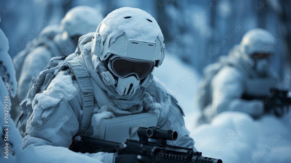 Special forces soldier with assault rifle in snowy forest. Special forces soldier with assault rifle in snowy forest.