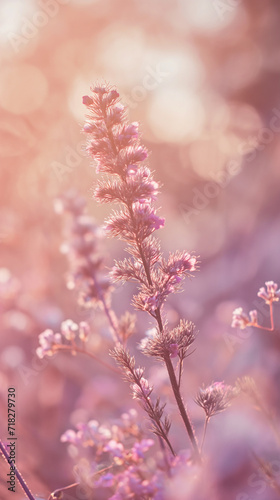 Pastel pink background with floral patterns. Flower in a field