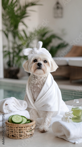 Dog sitting in a spa ambiance wearing white bathrobe. Great for a humorous and soothing pet wellness istagram story photo