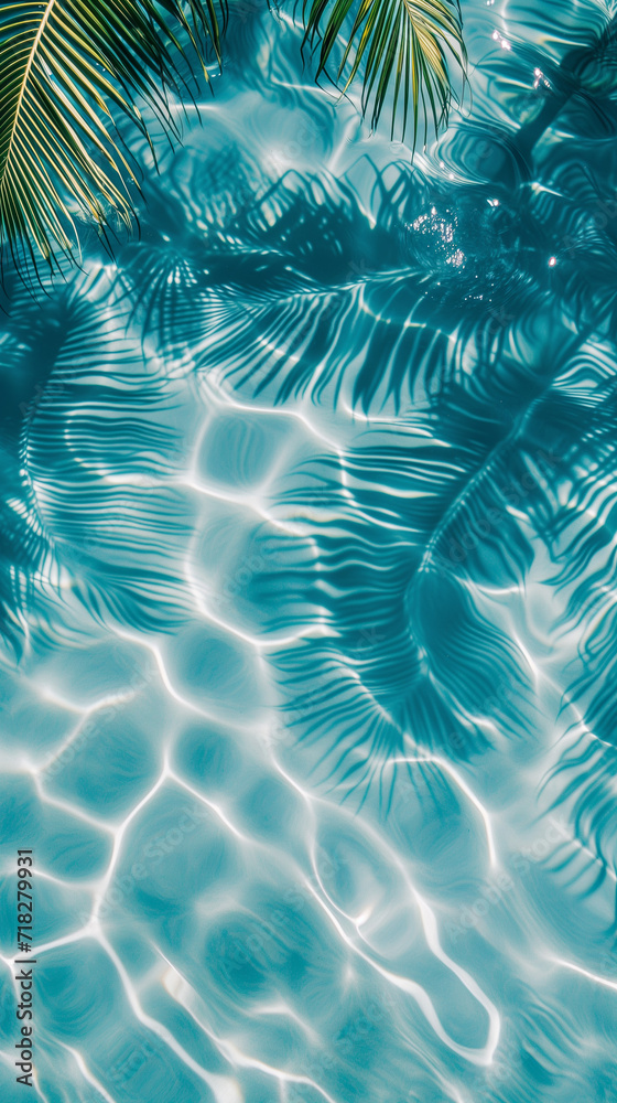 Aesthetic background of clear blue water with reflections and shadows of palm leaves. Tropical vacation vibe