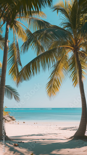 Exotic beach landscape with clear blue water, palm trees, and white sand. Ideal for creating a lively and energetic Instagram story or reel 