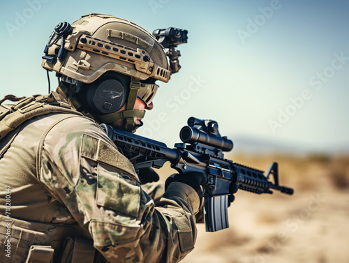 Portrait of a special forces soldier in uniform with assault rifle.