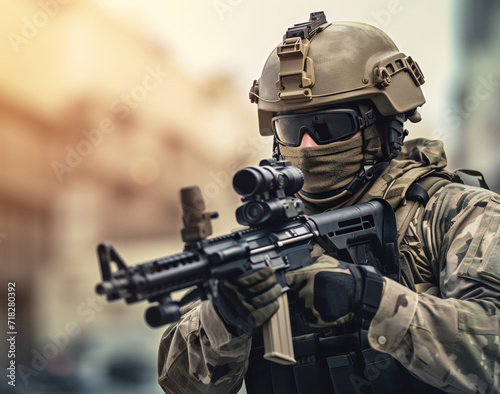 Portrait of a special forces soldier in uniform with assault rifle.