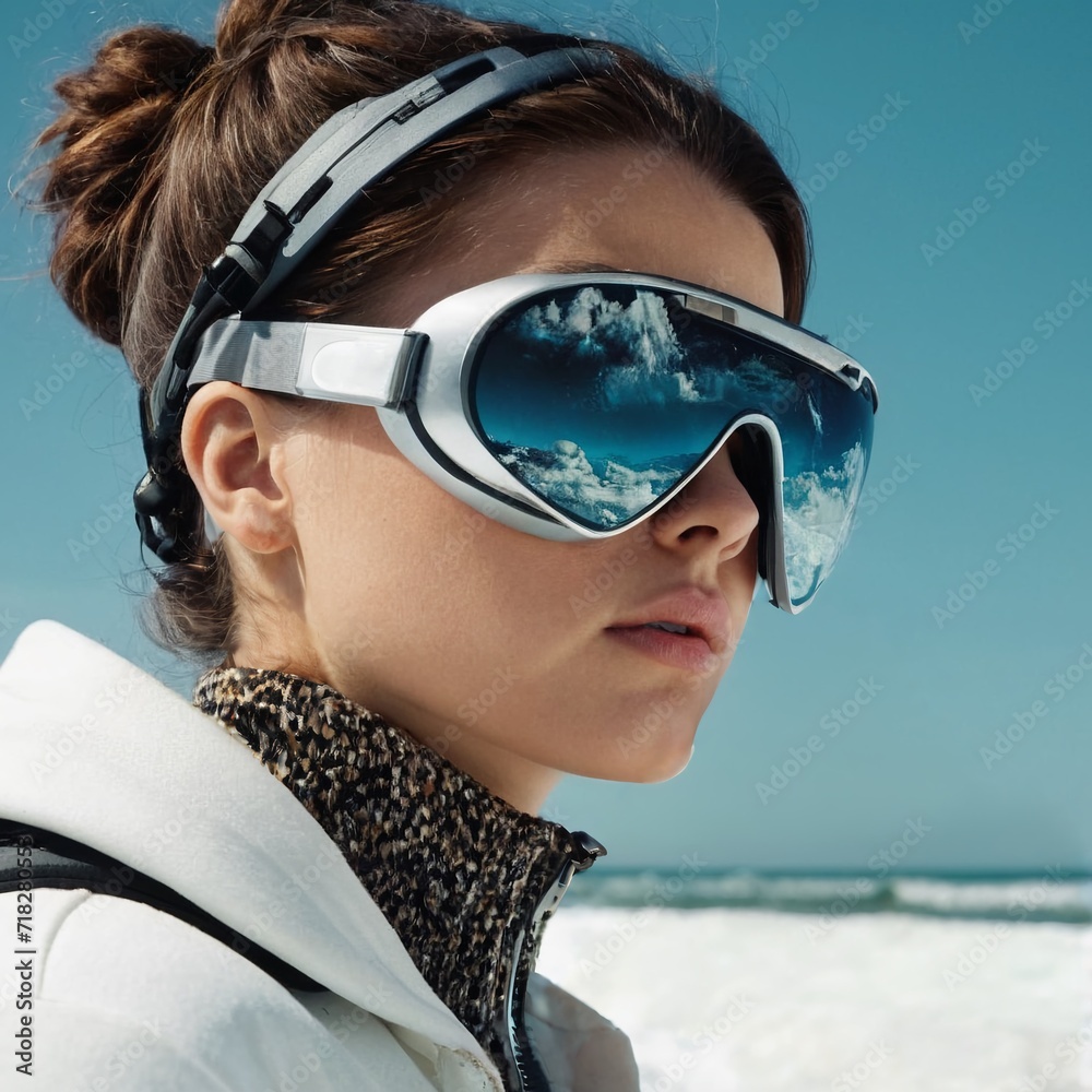 Naklejka premium Futuristic Ski Goggles Reflecting Snowscape