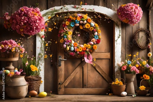 easter wreath on the wooden door