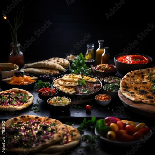 A photo of Traditional Turkish cuisine. Pizza. Many dishes on the table. Generative AI
