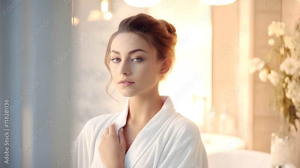 Beautiful girl after showeron the background of a light bathroom, clean skin concept. Beautiful girl after showeron the background of a light bathroom, clean skin concept.
