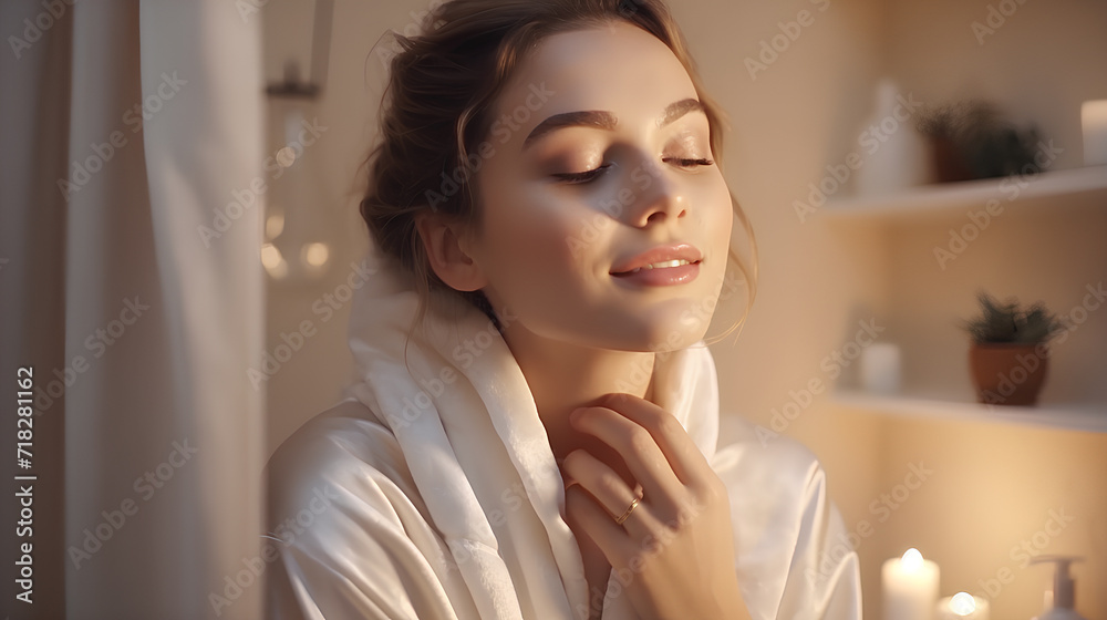 Beautiful girl after showeron the background of a light bathroom, clean skin concept. Beautiful girl after showeron the background of a light bathroom, clean skin concept.