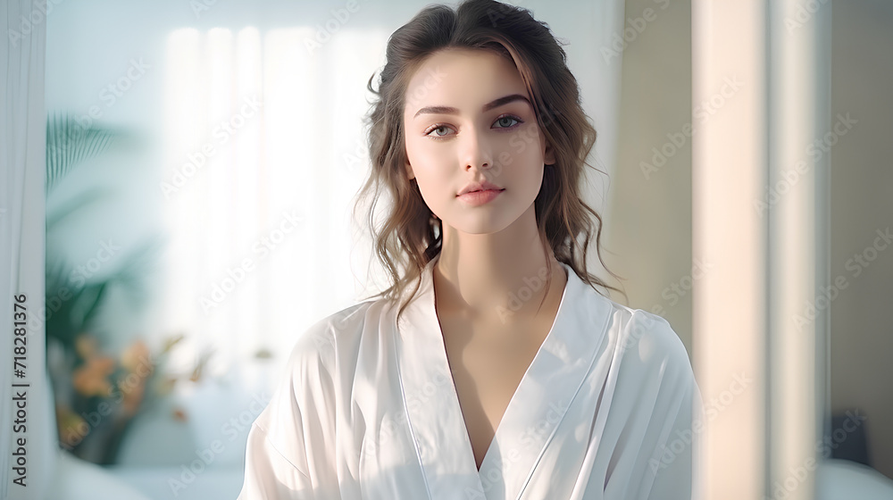 Beautiful girl after showeron the background of a light bathroom, clean skin concept. Beautiful girl after showeron the background of a light bathroom, clean skin concept.
