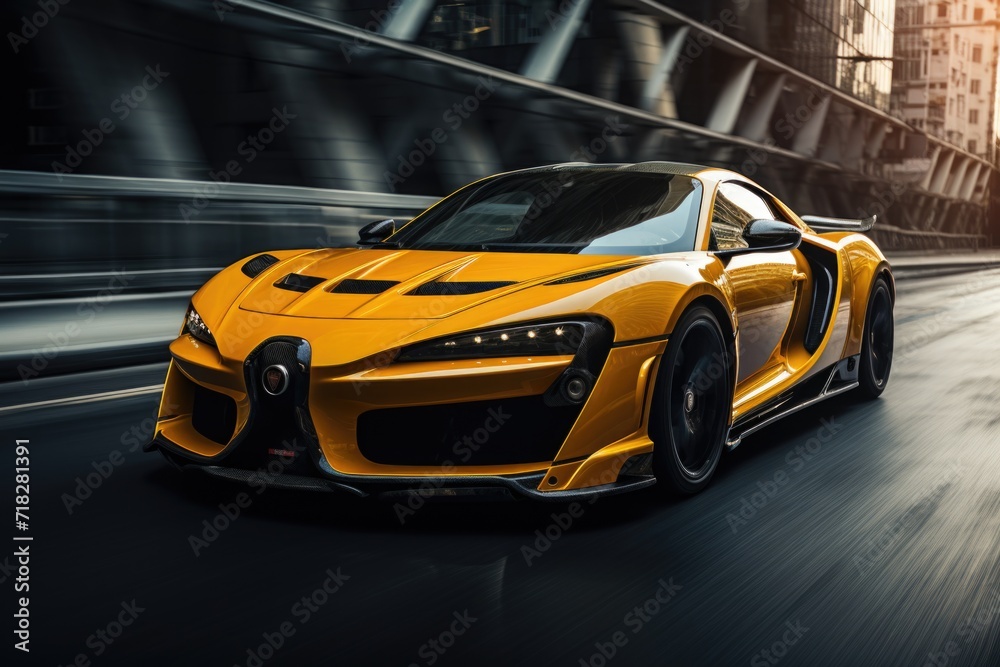 A photo Yellow sport car with black auto tuning on the road Generative AI