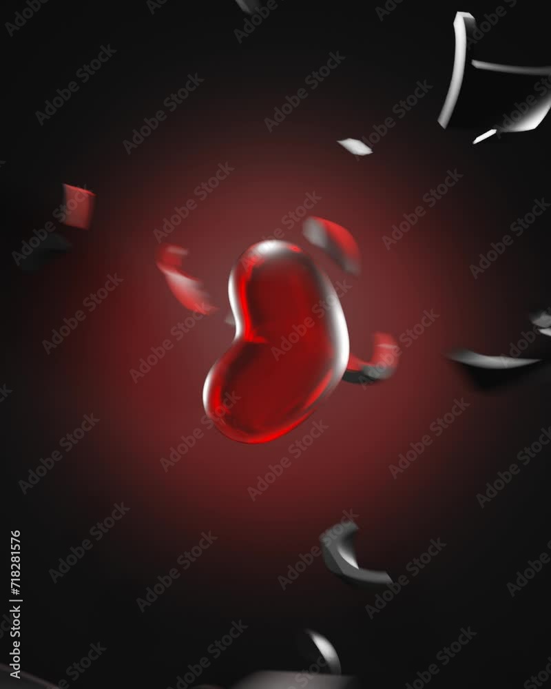 Rotating metal black heart breaks into pieces. 3D Looped background.