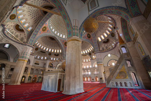 Kocatepe Mosque Kocatepe Camii interior. The mosque is the largest mosque in Kocatepe quarter in Kizilay in Cankaya District, city of Ankara, Turkey.  photo