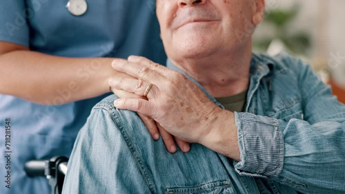 Man, hands and caregiver in elderly care, support or trust for healthcare, help or comfort at old age home. Closeup of female doctor or nurse touching person with a disability in wheelchair at house photo
