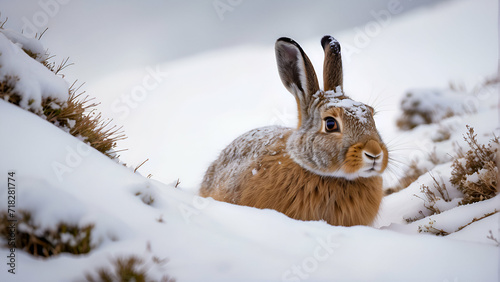 Cute rabbit hiding in the snow, a rabbit playing in snow, close-up image of cute rabbit in snow, winter season, animal, cute, fur, hare, rabbit, snow, white, wild, wildlife, winter, alone, back